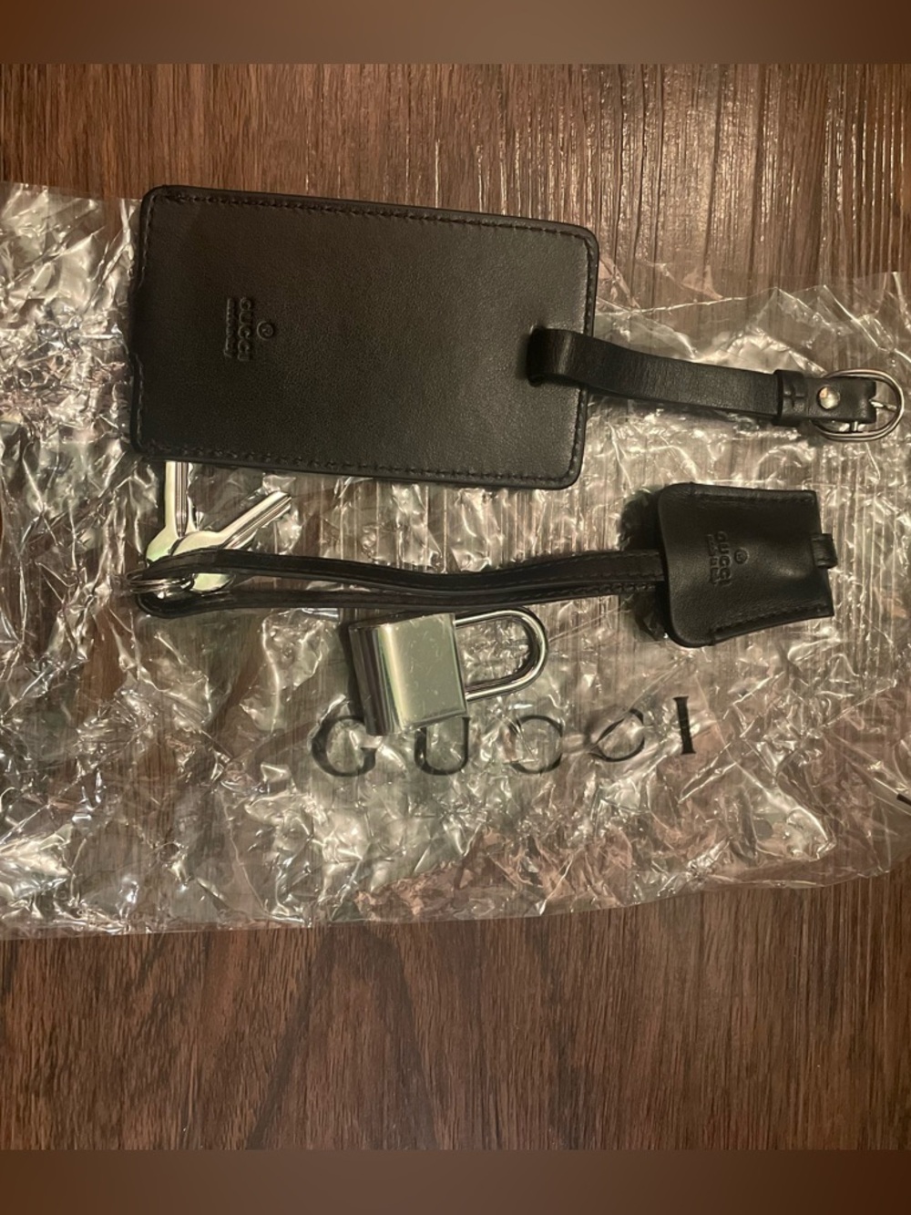 Gucci Black Leather Luggage Tag and Key Fob Set with Padlock